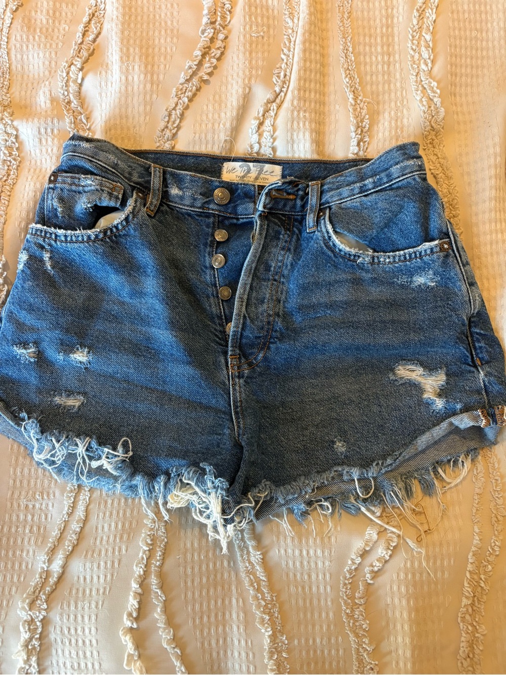 Free People Blue Distressed High-Rise Button-Front Denim Shorts